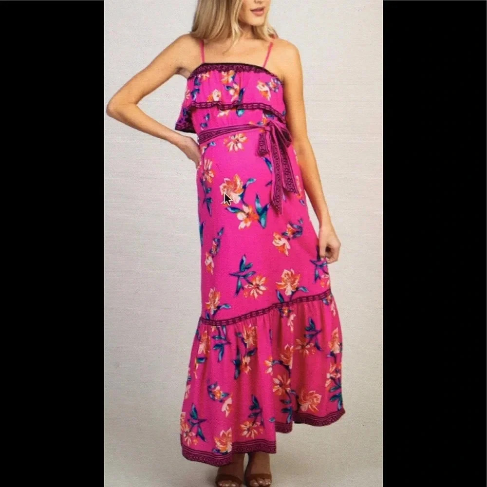NEW**pinkBlush Fuchsia Floral Ruffle Maxi‎ Dress